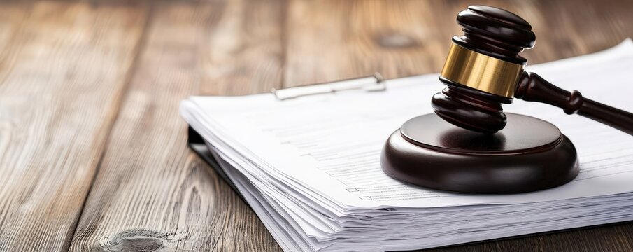 legislation policy enforcement concept. Gavel resting on legal documents on a wooden table.