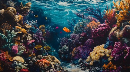 Obraz premium Vibrant underwater scene, colorful coral reef teeming with marine life, serene aquatic environment perfect for relaxation.