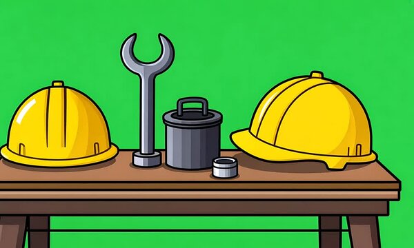 Workshop Tools on Wooden Table Against Green Background