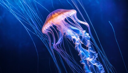 Ultra macro of a jellyfish’s bioluminescent tendrils glowing in deep blue water, showcasing the ethereal glow and delicate details of this mesmerizing marine creature.