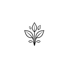 Minimalist plant-based emblem: a black and white illustration of leaves and stem.