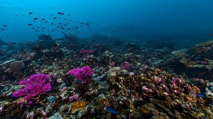 Obraz premium Vibrant underwater scene showcasing colorful coral and tropical fish, ideal for themes of marine conservation and exploration.