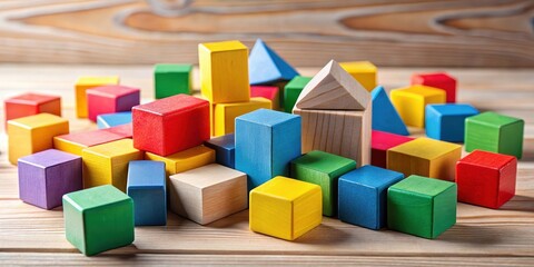 Obraz premium A group of colorful building blocks with different shapes and sizes scattered on a table, wooden blocks, building blocks