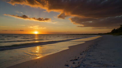 Obraz premium Golden Sunset Over the Beach Breathtaking Sky Gentle Waves and a Tranquil Oceanview to Cherish
