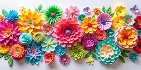 Colorful paper flowers in a unique abstract arrangement on a bright white background , modern plant decor, bright colors