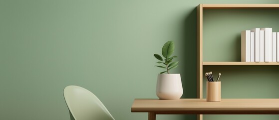 Corner of a room with a wooden shelf on the right side and a wooden table on the left side. on the table, there is a white vase with a green plant in it.