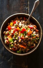 A fresh and flavorful black eyed pea salad, filled with colorful ingredients and a tangy dressing, elegantly placed in a vintage serving dish
