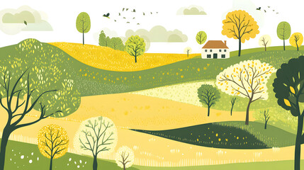 Naklejka premium A simple, flat vector illustration of trees upon the English countryside in spring 