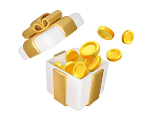 Vector 3d gift box with flying golden coins. Cartoon present icon with gold money, reward idea. Bonus money prize illustration, isolated on white background