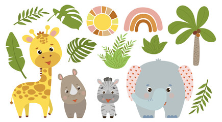 Naklejka premium African animals set. Elephant, rhino, giraffe and zebra, rainbow and sun. Vector illustrations isolated on background