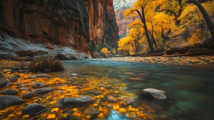Fototapeta premium Tranquil river scene, crystal clear water flowing through rocky terrain, surrounded by vibrant autumn foliage, inviting for nature lovers.
