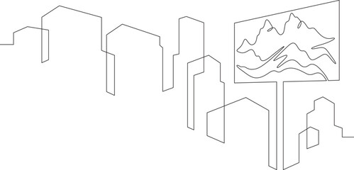 Continuous one line drawing Advertising billboard in the city. Panorama of the city. High mountain on an advertising billboard. Mountain on a banner.Not AI.
