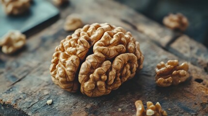 Obraz premium Closeup of walnuts shaped like a brain on a rustic wooden table, natural brain food, symbolic imagery.