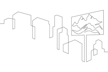 Continuous one line drawing Advertising billboard in the city. Panorama of the city. High mountain on an advertising billboard. Mountain on a banner.Not AI.