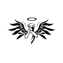 Praying Angel: Black and white minimalist style, wing-bearing figure with halo, folded hands, thoughtful, contemplative posture.