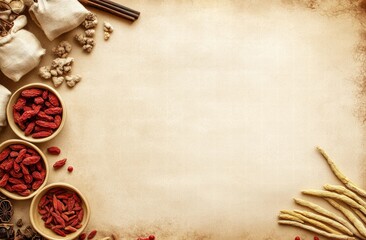 A collection of Chinese medicinal herbs and spices arranged on a light background to form a circular frame.