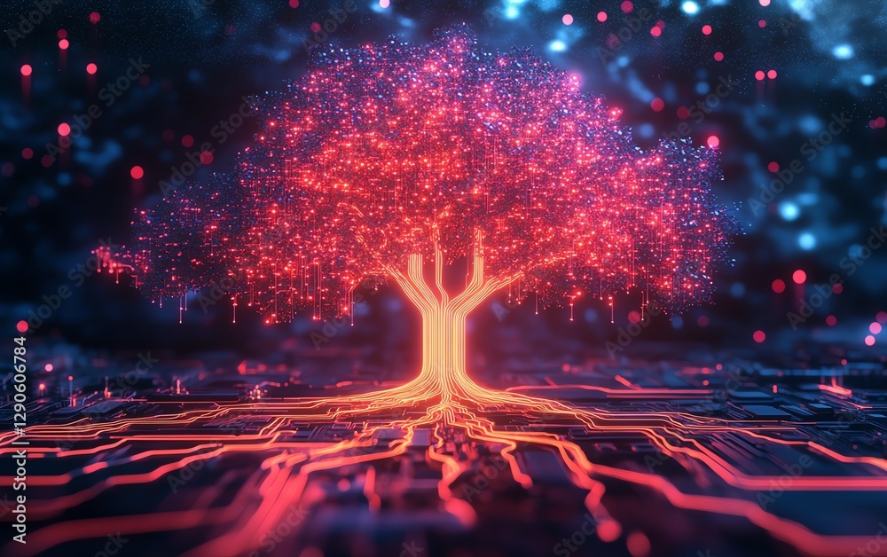 Leinwandbilder illustration of a neon glowing tree growing from a microchip on an electronic circuit board, symboli
