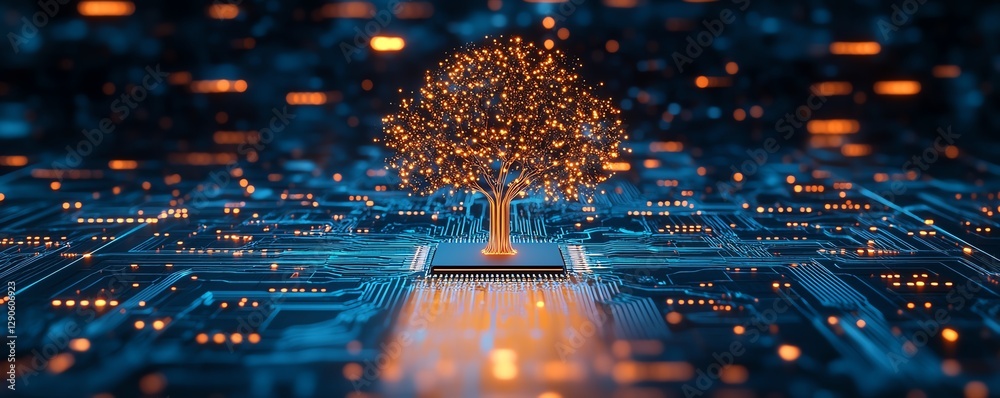 Leinwandbilder illustration of a neon glowing tree growing from a microchip on an electronic circuit board, symboli