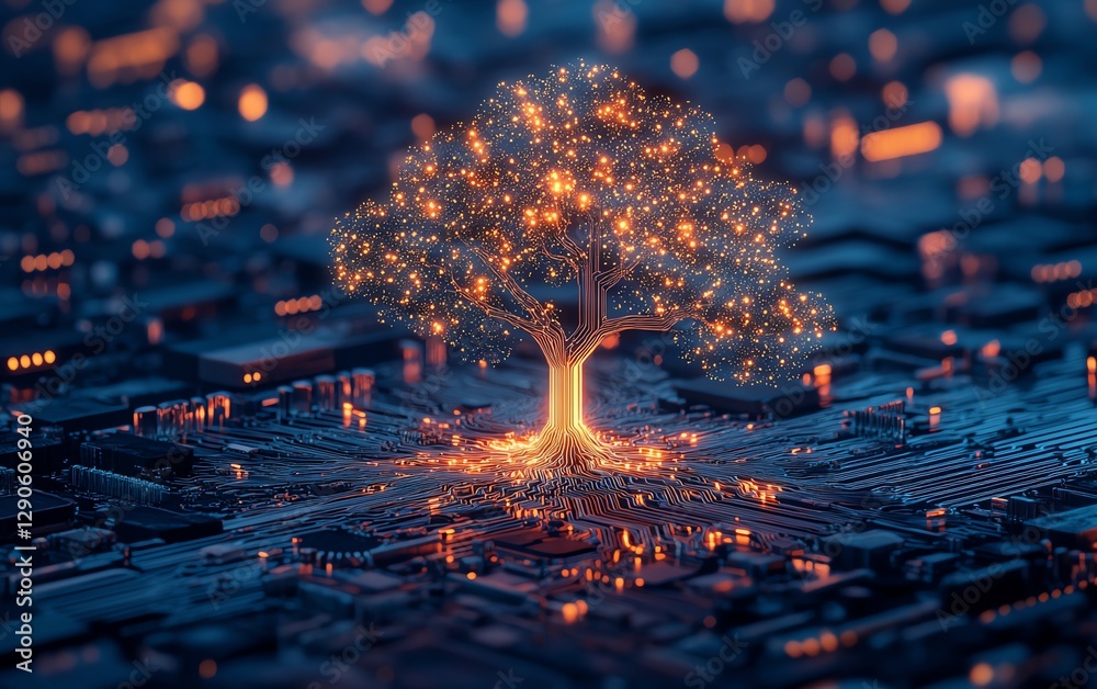 Leinwandbilder illustration of a neon glowing tree growing from a microchip on an electronic circuit board, symboli