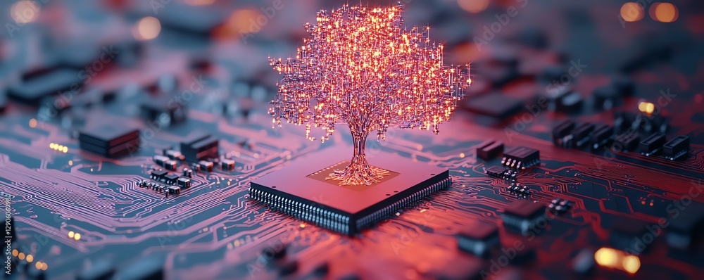 Leinwandbilder illustration of a neon glowing tree growing from a microchip on an electronic circuit board, symboli