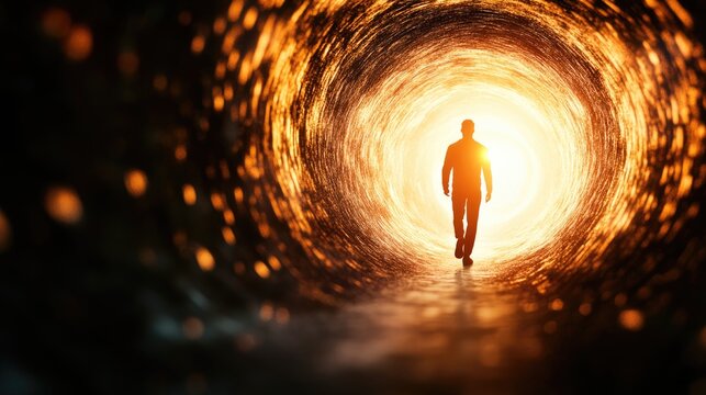 Solitary figure walking towards a glowing tunnel exit - Powered by Adobe