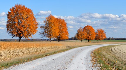 Autumnal Landscape with Orange Trees and a Gravel Road
