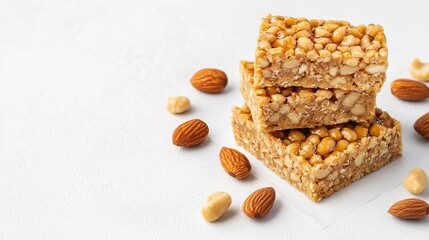 Delicious peanut bar stacked on a white surface with almonds and peanuts scattered around.