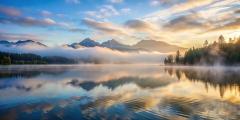 Fototapeta premium Dense fog rolls over a serene lake at dawn with misty mountains in the background and clouds drifting lazily across the sky