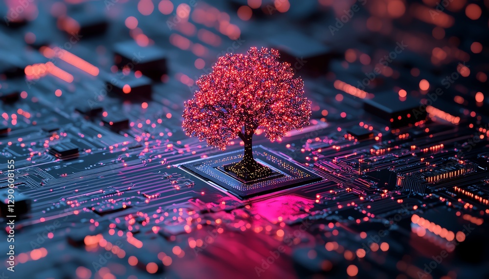 Aufkleber Creative illustration of a neon tree glowing on a microchip circuit board