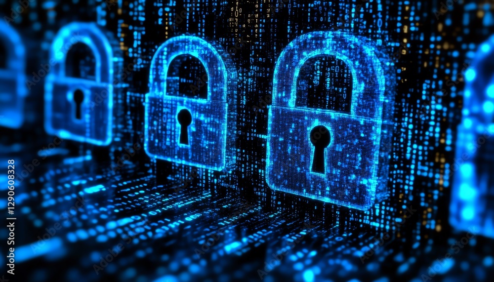 Aufkleber detailed illustration of encryption symbols and digital locks, with a blue cyber shield safeguarding