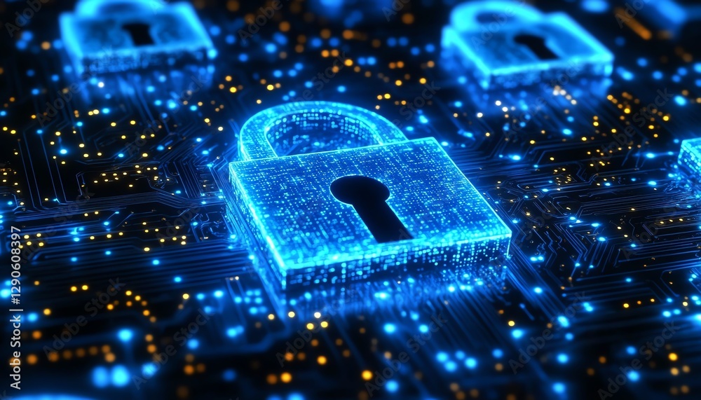 Poster detailed illustration of encryption symbols and digital locks, with a blue cyber shield safeguarding