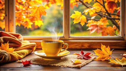 Cozy morning scene with a warm yellow cup of coffee placed next to a window, overlooking a vibrant display of autumn leaves outside in full color and texture, seasonal ambiance, fall decor