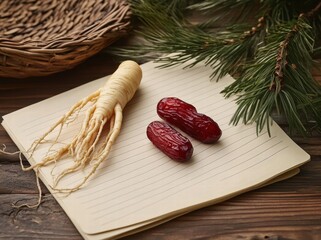 An open notebook with a ginseng root and two red dates placed on it.