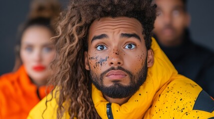 Man with a beard and dreadlocks is wearing a yellow jacket and has paint on his face
