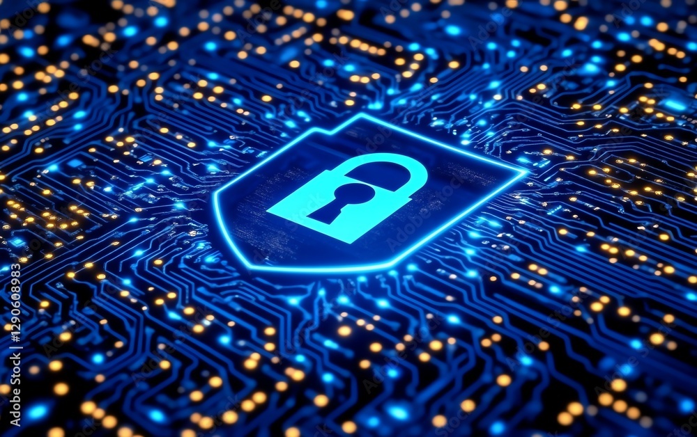 Poster digital illustration of encryption symbols, padlock, and a blue cyber shield protecting data from th