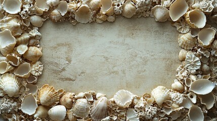 Obraz premium Seashells and coral create a frame on a textured surface