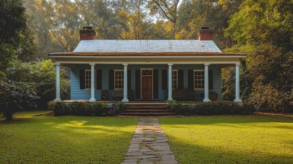 Quaint blue house porch, forest backdrop, peaceful scene