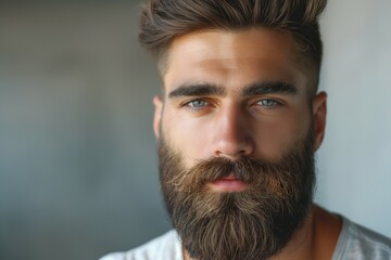 Obraz premium Close-up of a young Caucasian male with a stylish beard and intense blue eyes, exuding confidence and charm.
