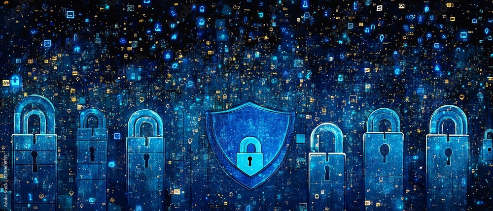 Aufkleber digital security concept showing encryption symbols and digital locks with a blue cyber shield prote