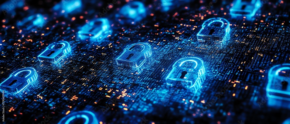 Leinwandbilder digital security concept showing encryption symbols and digital locks with a blue cyber shield prote