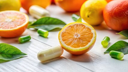 A vitamin C capsule lying on a clean white surface with a few fresh citrus fruits nearby , supplements