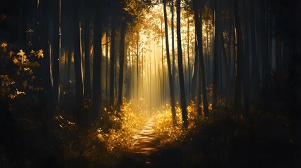 Obraz premium Mysterious forest scene, enchanting golden light filtering through tall trees, perfect for nature-themed projects or inspiration.