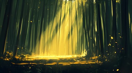 Golden light streaming through dense trees, enchanting forest scene radiating tranquility, perfect for nature-themed content.
