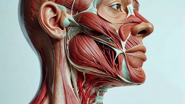 Detailed 3d anatomical illustration showing human head and neck muscles in cross-section close up spinning.  highlight medical educational content with precise structural details