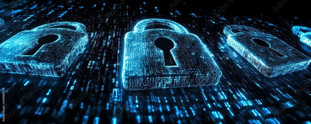 Poster concept art of encryption symbols and a digital lock, with a blue cyber shield protecting data from 
