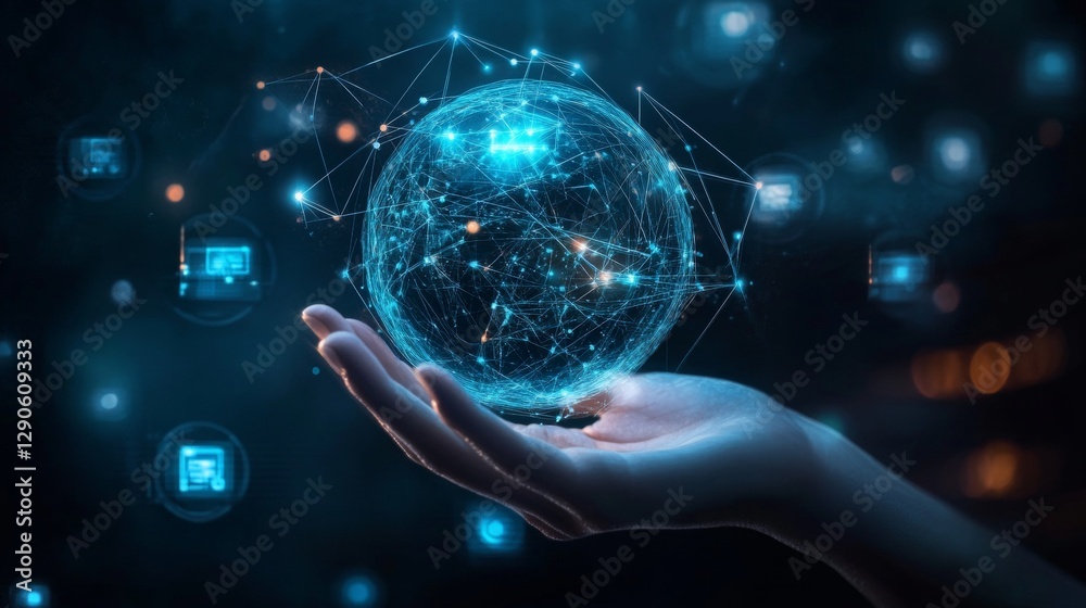 Poster exploring the innovative intersection of technology and connectivity through a digital globe virtual