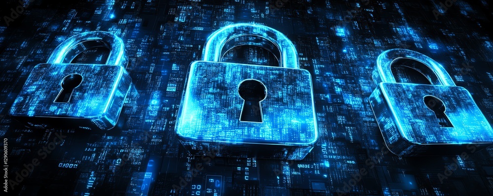 Leinwandbilder concept art of encryption symbols and a digital lock, with a blue cyber shield protecting data from 