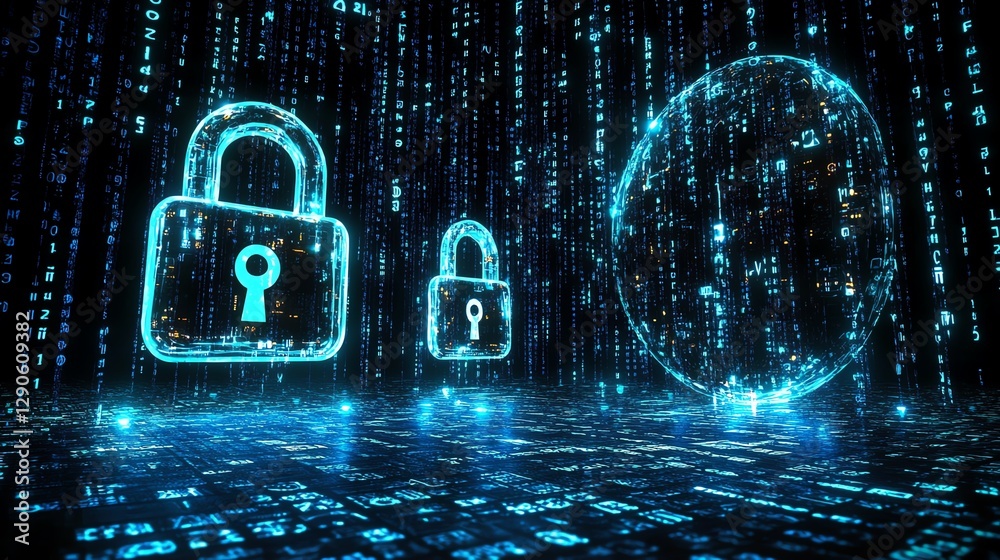 Poster digital artwork of encryption symbols and a padlock representing secure data