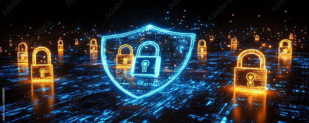Poster digital illustration of encryption symbols, padlock, and a blue cyber shield protecting data from th