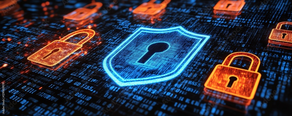 Poster digital illustration of encryption symbols, padlock, and a blue cyber shield protecting data from th